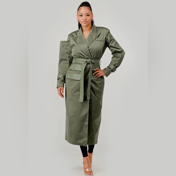 Olive Green Women's Trench Coat/with belt - Picture 4 of 8